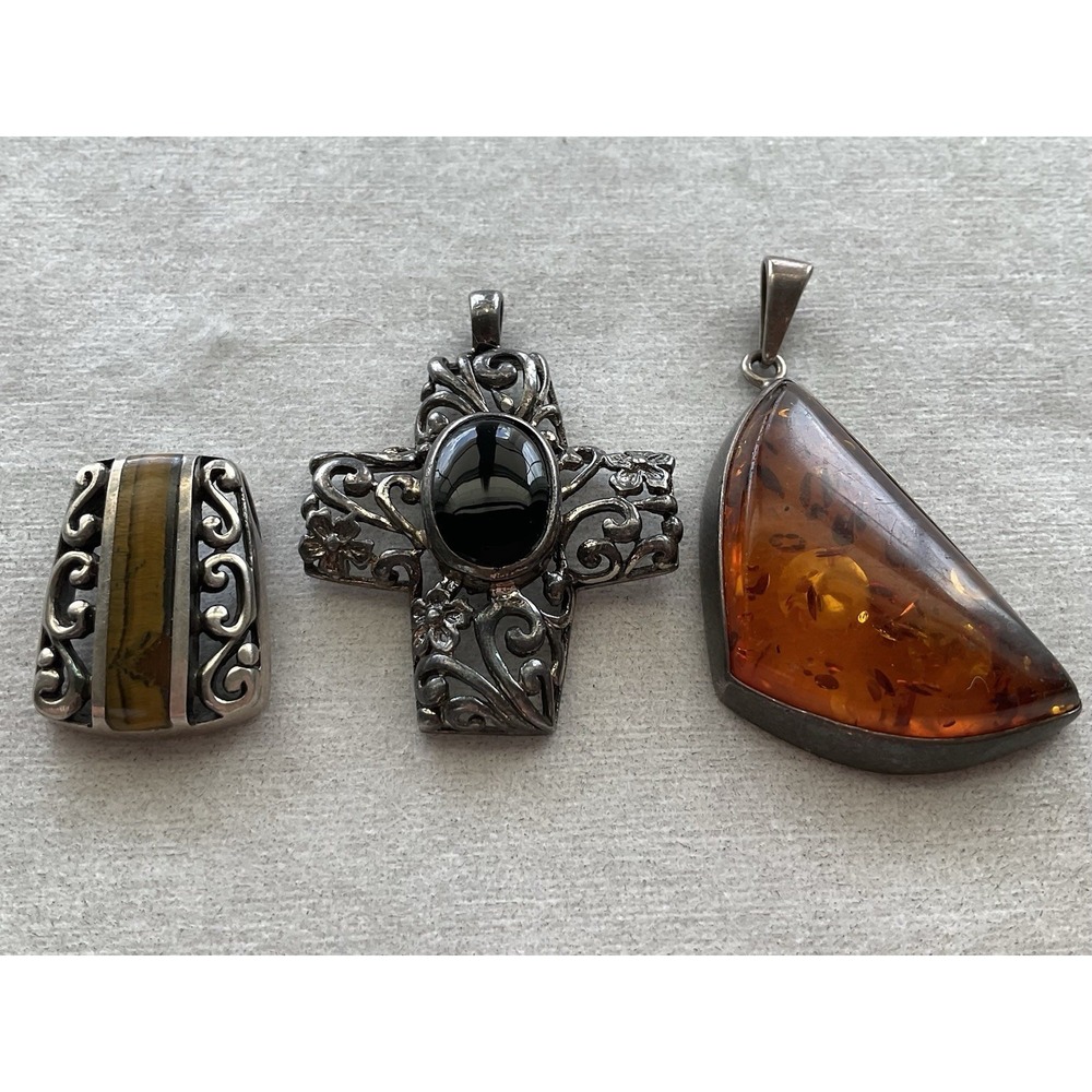 Lot Of 3 925 Sterling Silver Gemstone Pendant Amber Onyx Tiger Eye Vintage